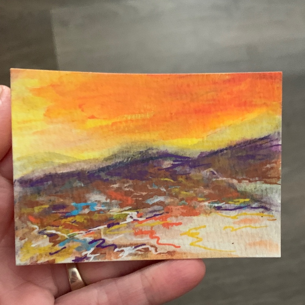 ACEO Original Art Sunset Hues Abstract Landscape Painting - Orange & Purple